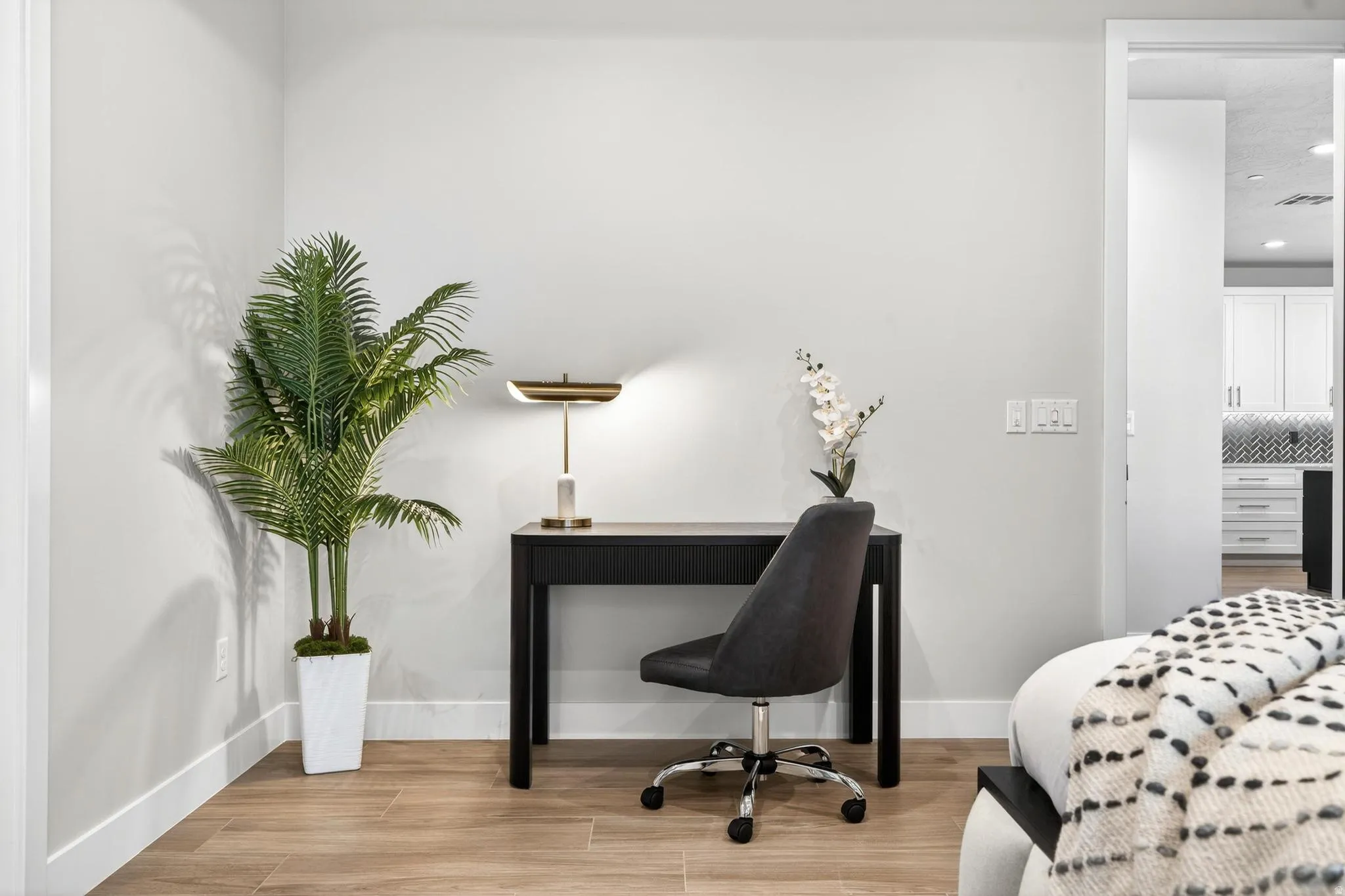 Wood-finish flooring with white trim