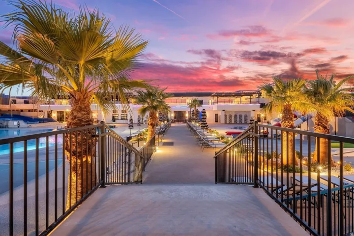 Expansive outdoor area featuring a swimming pool, multiple palm trees, and a walkway with integrated lighting