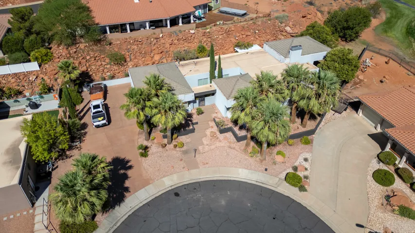 Front-facing property featuring a paver driveway, mature palm trees, desert landscaping, and a flat roofline