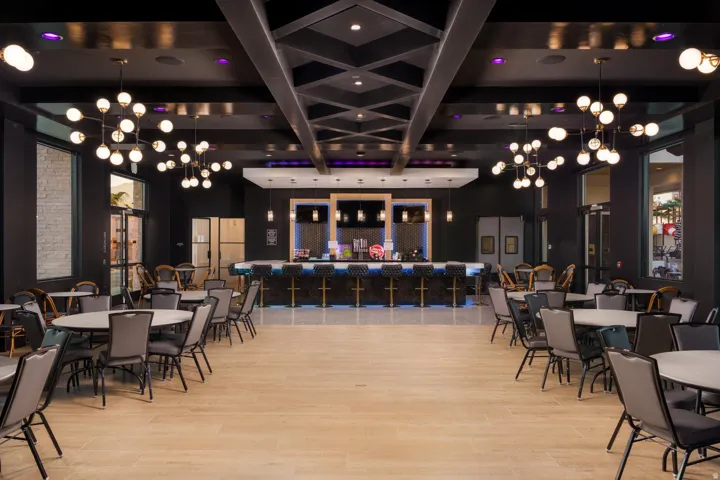 Spacious entertainment area featuring a full-service bar, multiple seating arrangements, light wood-finish flooring, and contemporary globe chandeliers