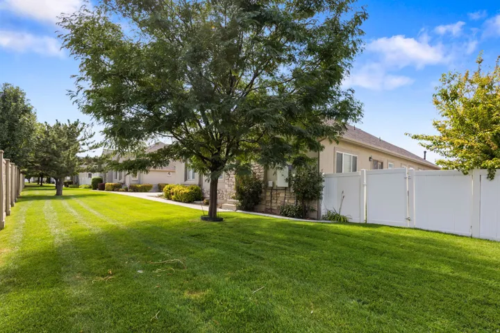 Expansive grassy area with mature trees, a stone facade, and a white privacy fence