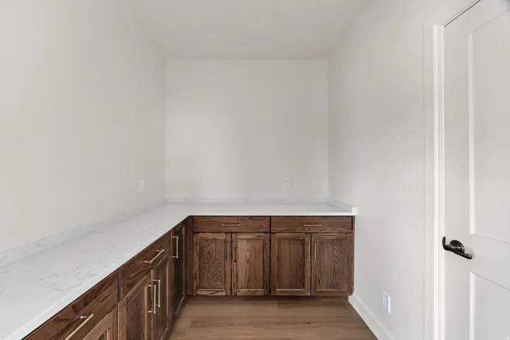 Built-in cabinetry with wood-finish doors and brass-finish hardware