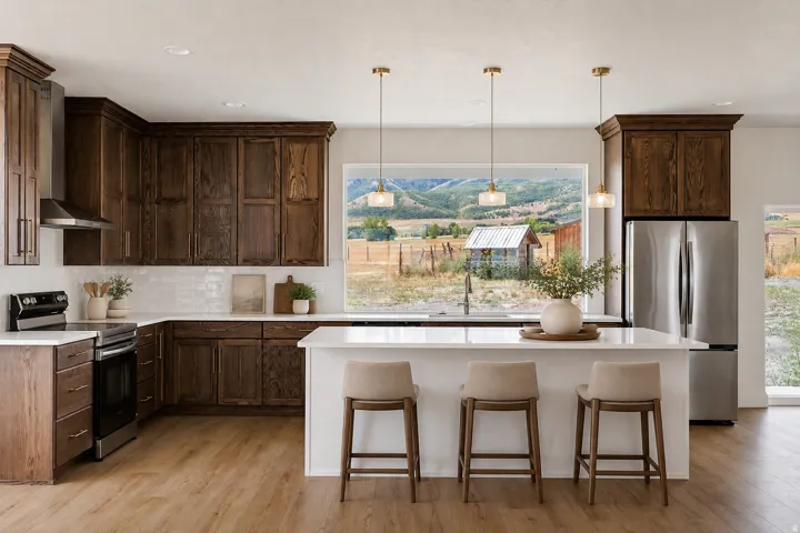 Virtually staged.  Kitchen featuring wood-finish cabinetry, stainless steel appliances, a white tile backsplash, and a large central island with pendant lighting