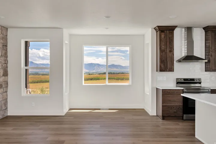 Wood-finish flooring throughout, white walls, stone accent wall, dark wood cabinetry, and a stainless steel range hood