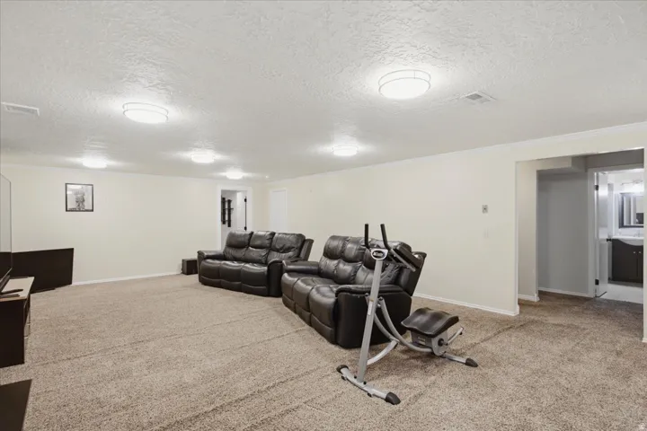 Expansive carpeted room with multiple flush-mount ceiling lights, light-toned walls, and white trim