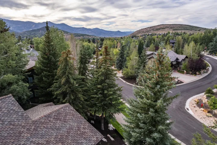 Mountainous backdrop with extensive tree coverage and asphalt roadways