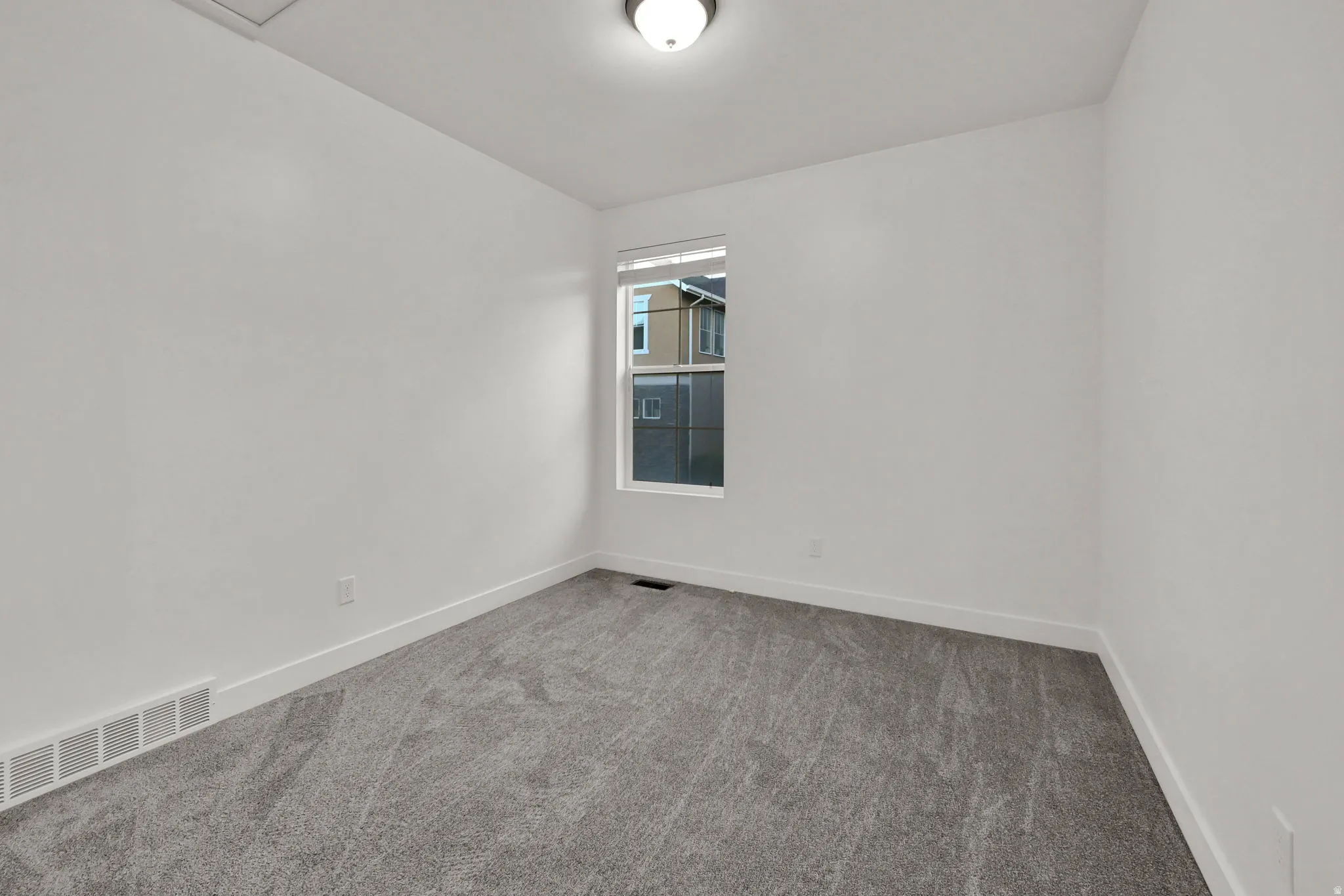 Neutral wall paint with textured carpeting and a single window