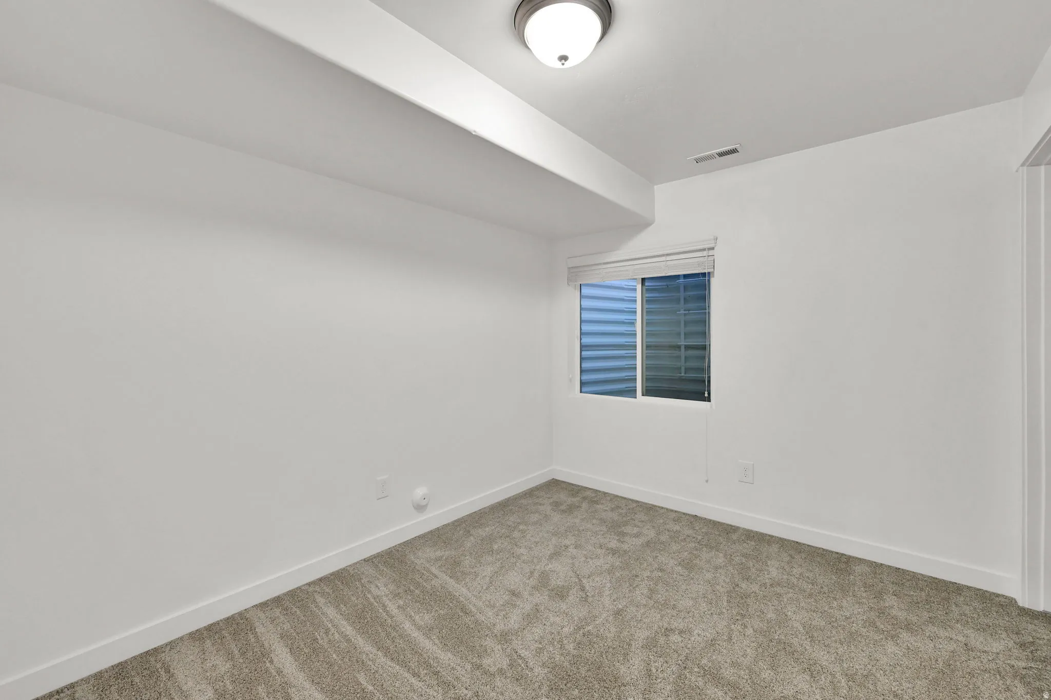 Room featuring neutral carpeting, white walls, a recessed window, and an overhead flush-mount light fixture