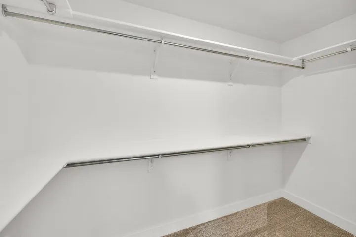 White walk-in closet featuring built-in shelving, chrome hanging rods, and carpet flooring