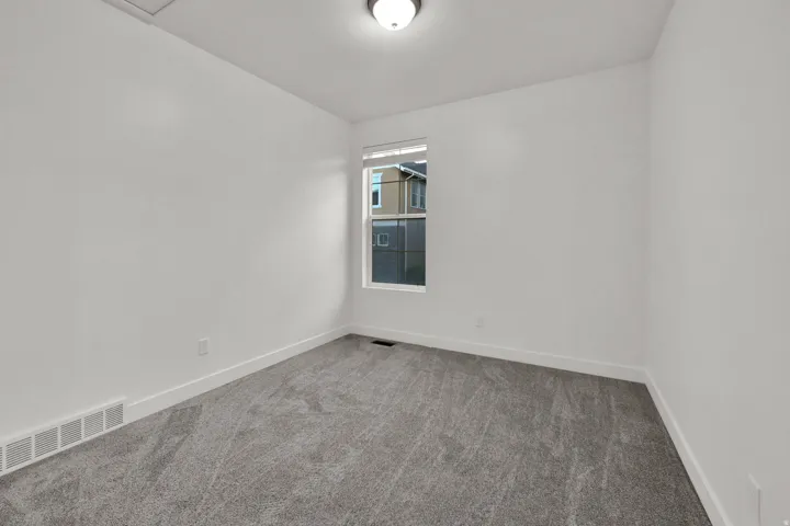 Neutral wall paint with textured carpeting and a single window