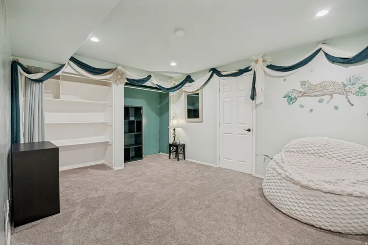 Recessed ceiling lighting, built-in shelving, and carpet flooring