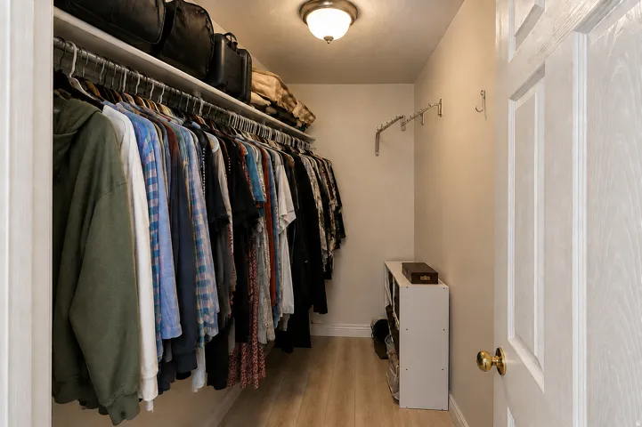 Organized closet space featuring a built-in shelf system, ample hanging rods, overhead storage, and wood-finish flooring