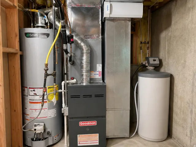 Hot water heater, furnace, and water softener system