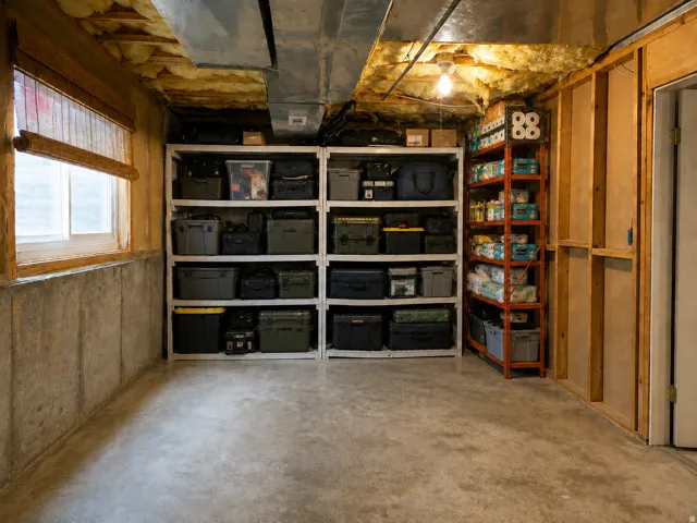 Unfinished basement with exposed ceiling joists and insulation, concrete flooring, and a single window