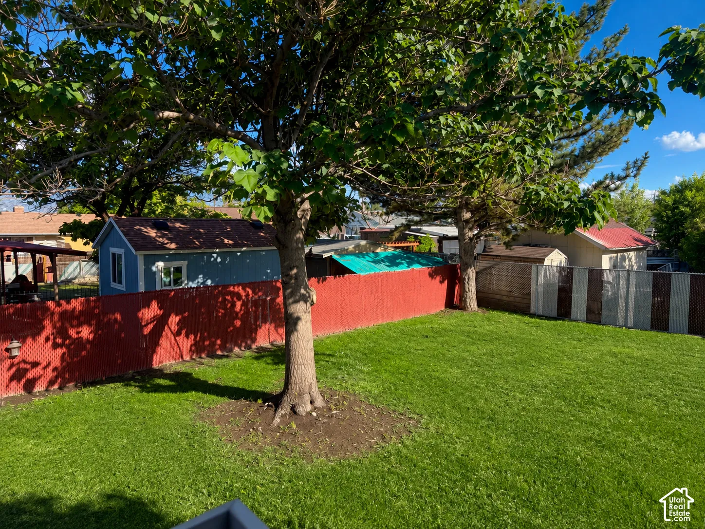 Beautiful mature shade tree creates a peaceful, private backyard retreat—perfect for enjoying warm summer days.