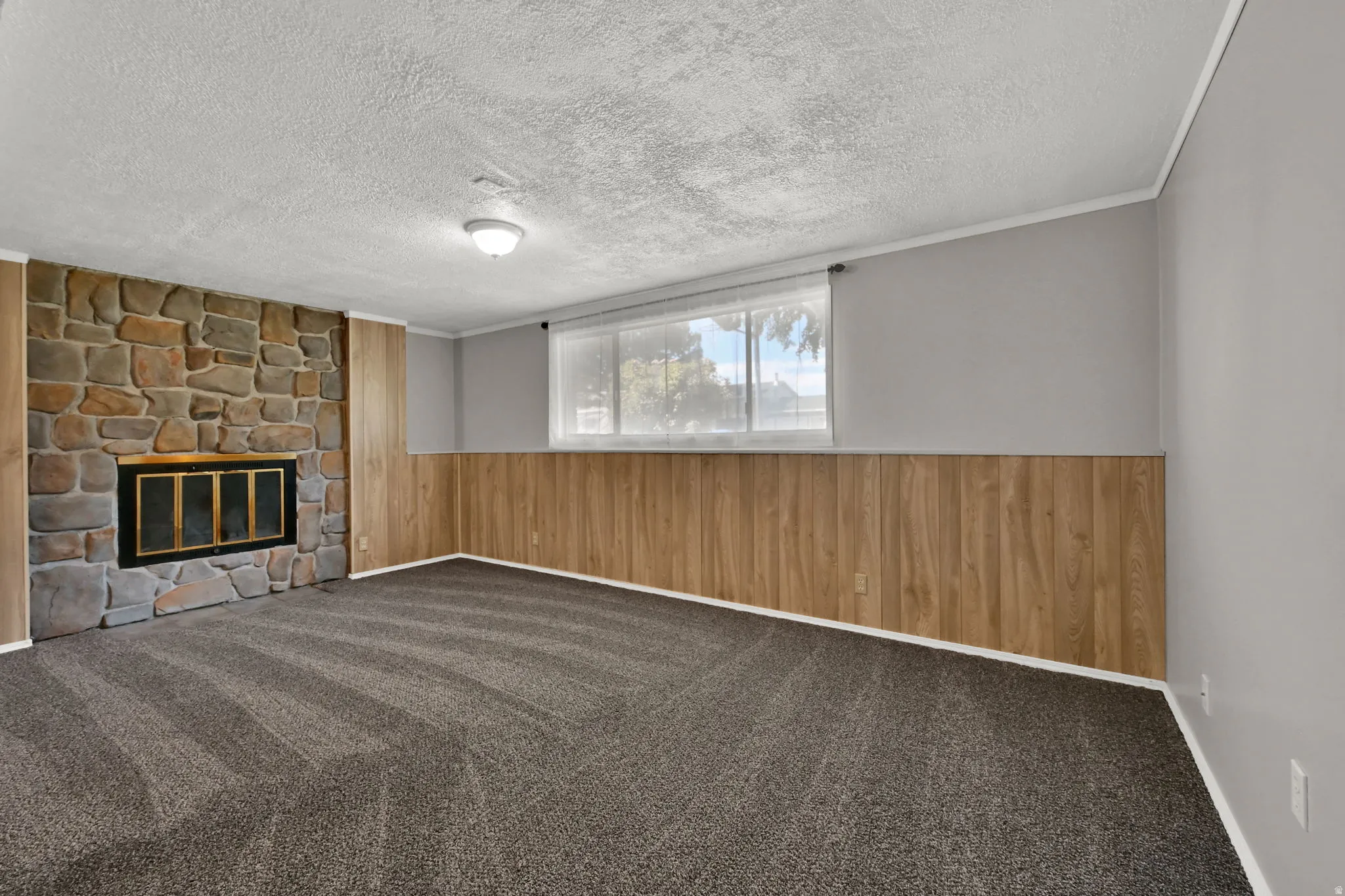 Stone fireplace with a black firebox, wood-finish wainscoting, and neutral carpet flooring