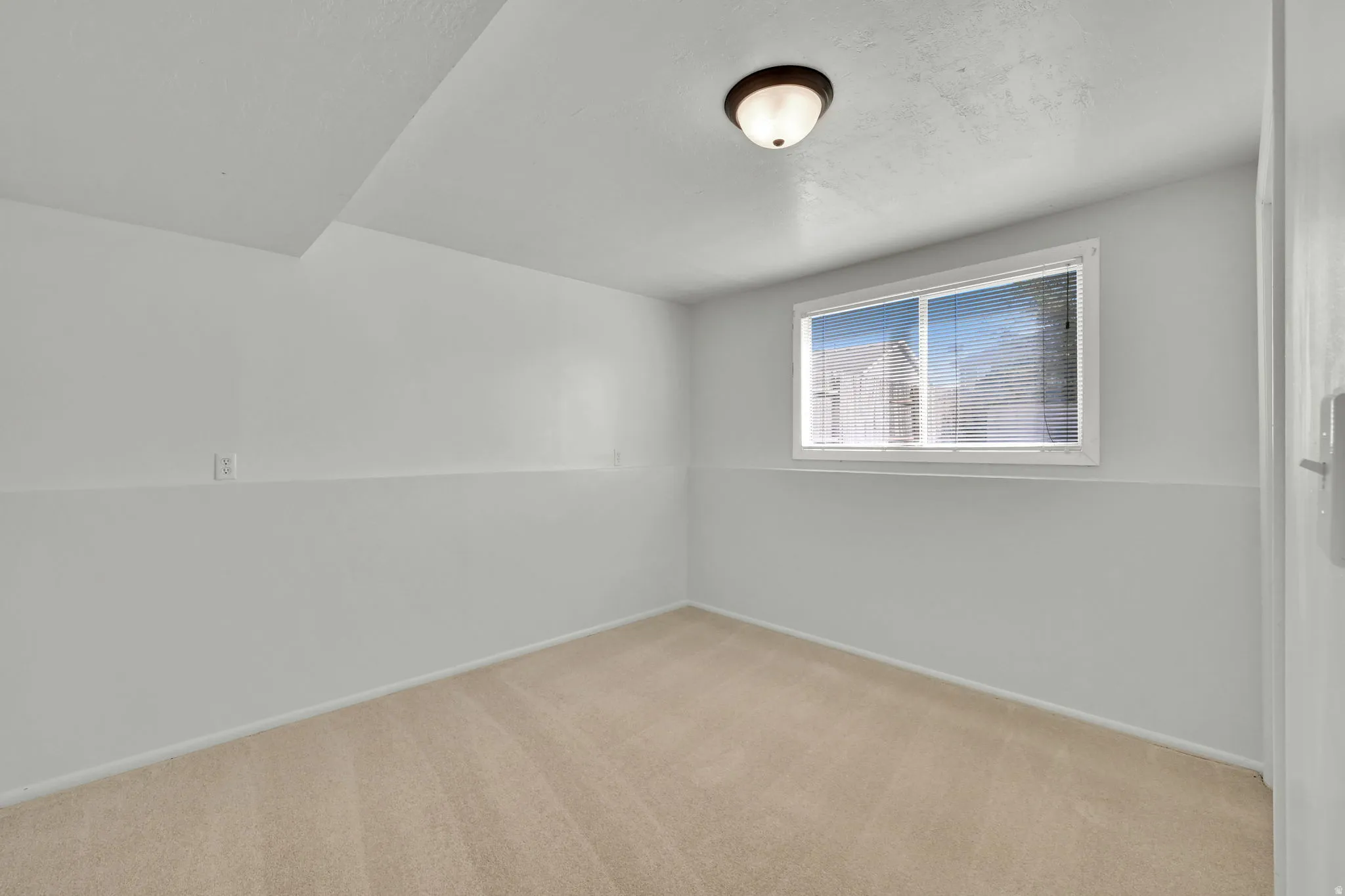 Neutral wall finishes, recessed ceiling detail, and carpeted flooring