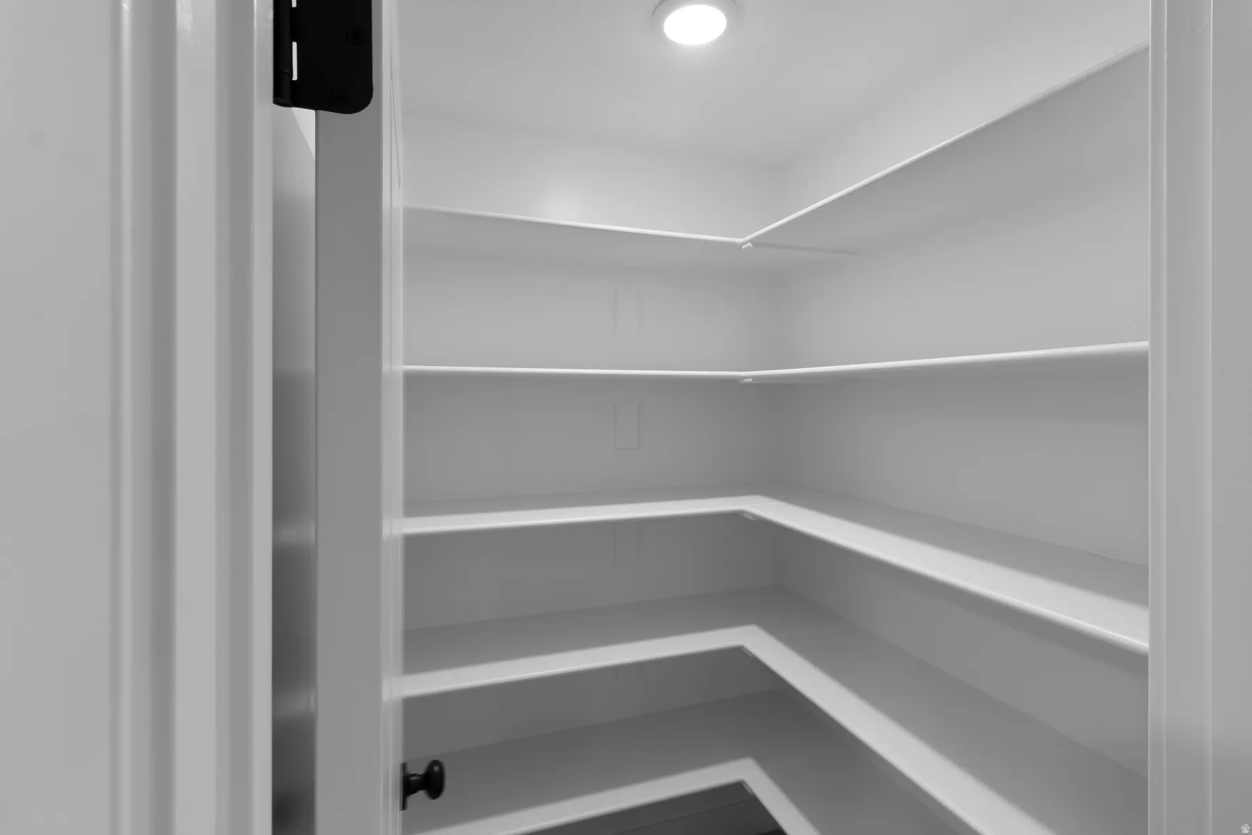 Expansive pantry featuring wrap-around shelving and recessed ceiling lighting