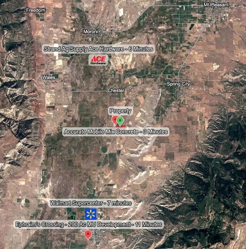 Location Map. Displaying the property's position relative to local businesses and developments, including estimated travel times