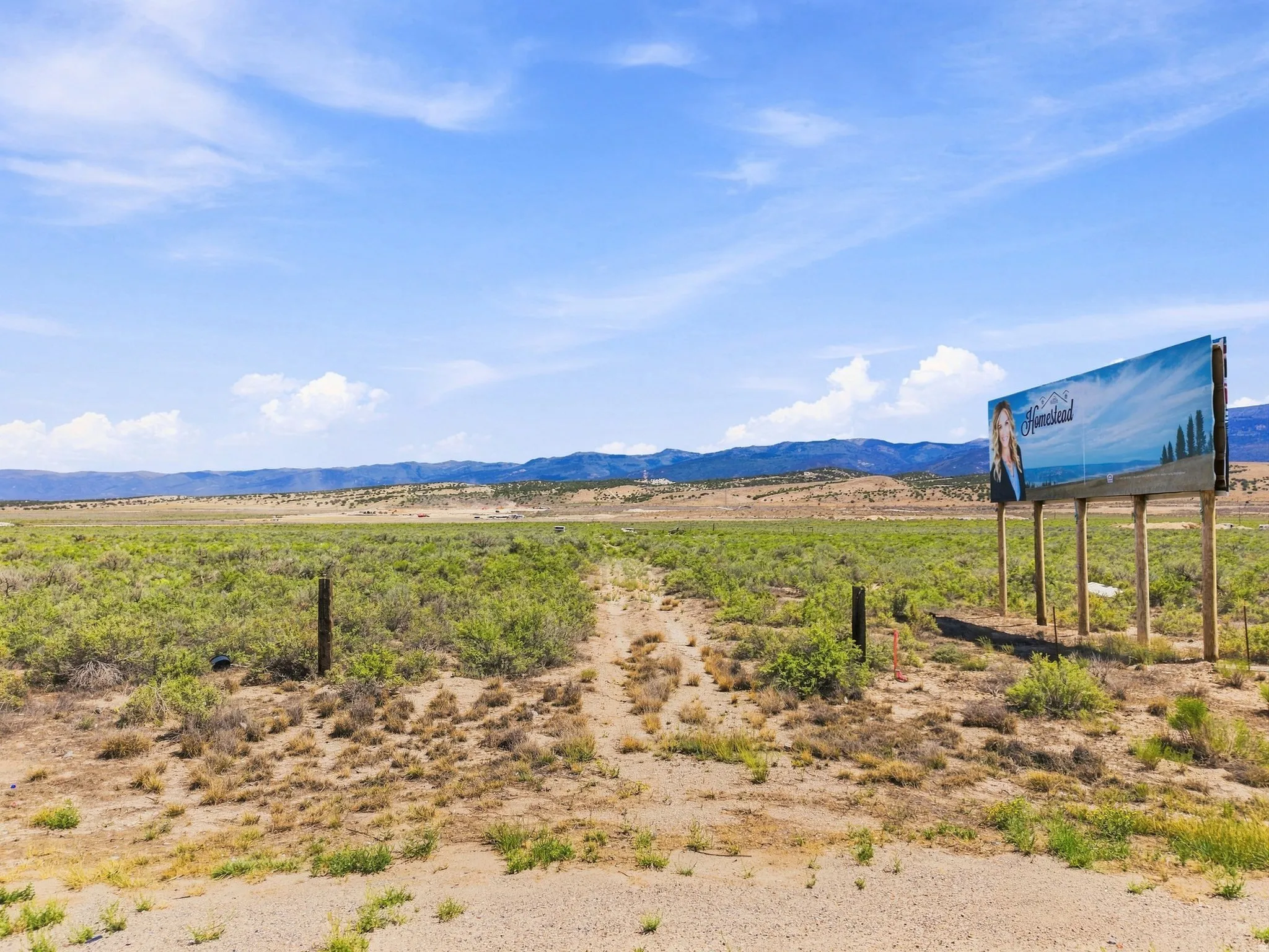 Expansive undeveloped land with natural vegetation, distant mountains, and a clear sky