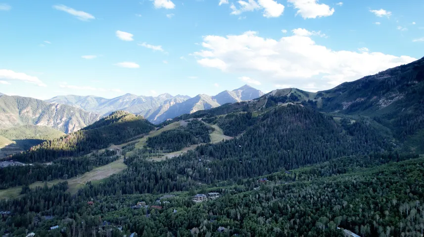 Mountainous terrain with extensive tree coverage and visible cleared ski slopes