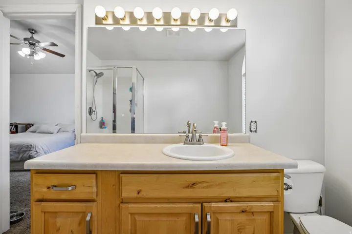 Vanity with a single basin sink, wood cabinetry, and a light-toned countertop
