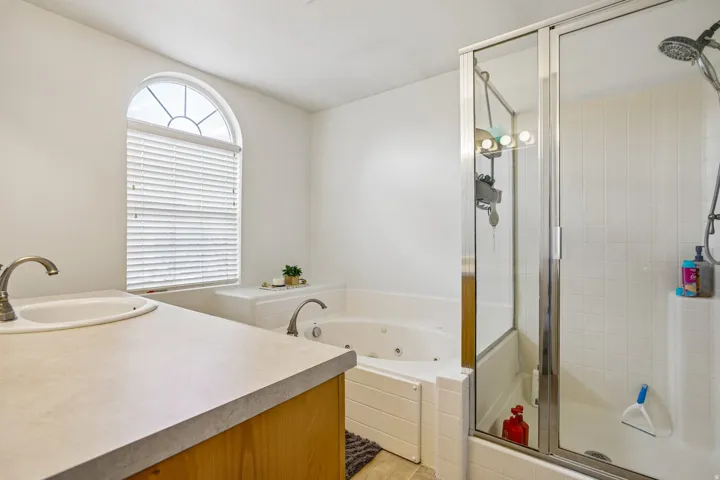 Jetted soaking tub, walk-in shower with glass enclosure, single vanity with integrated sink, and an arched window with blinds