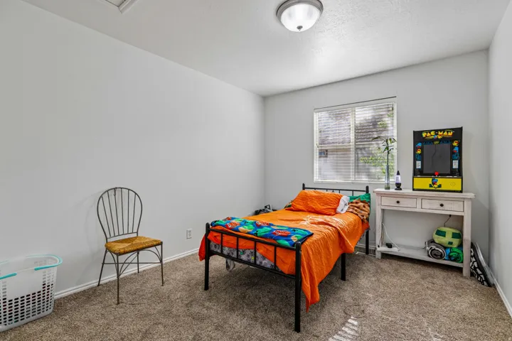 Neutral wall paint, textured carpet, window with blinds, and ceiling-mounted light fixture