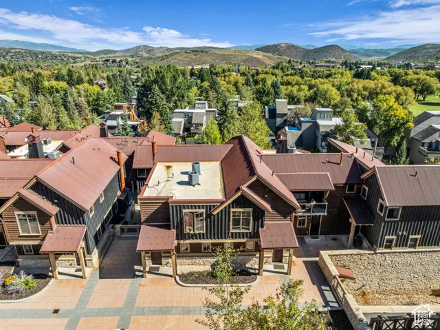 Mountainous backdrop, multiple buildings with brown metal roofing, dark wood-tone siding, and stone accents