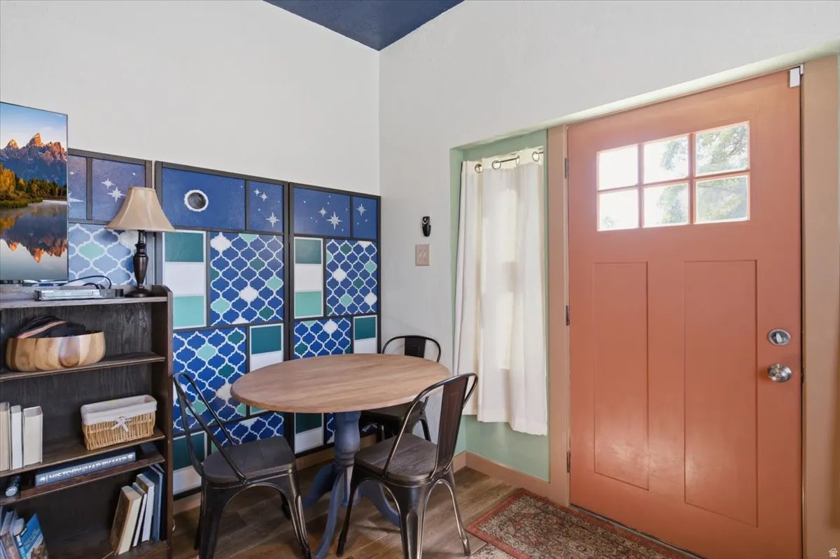 Entry door  with a nice space behind for shelves and even a small table and chairs.