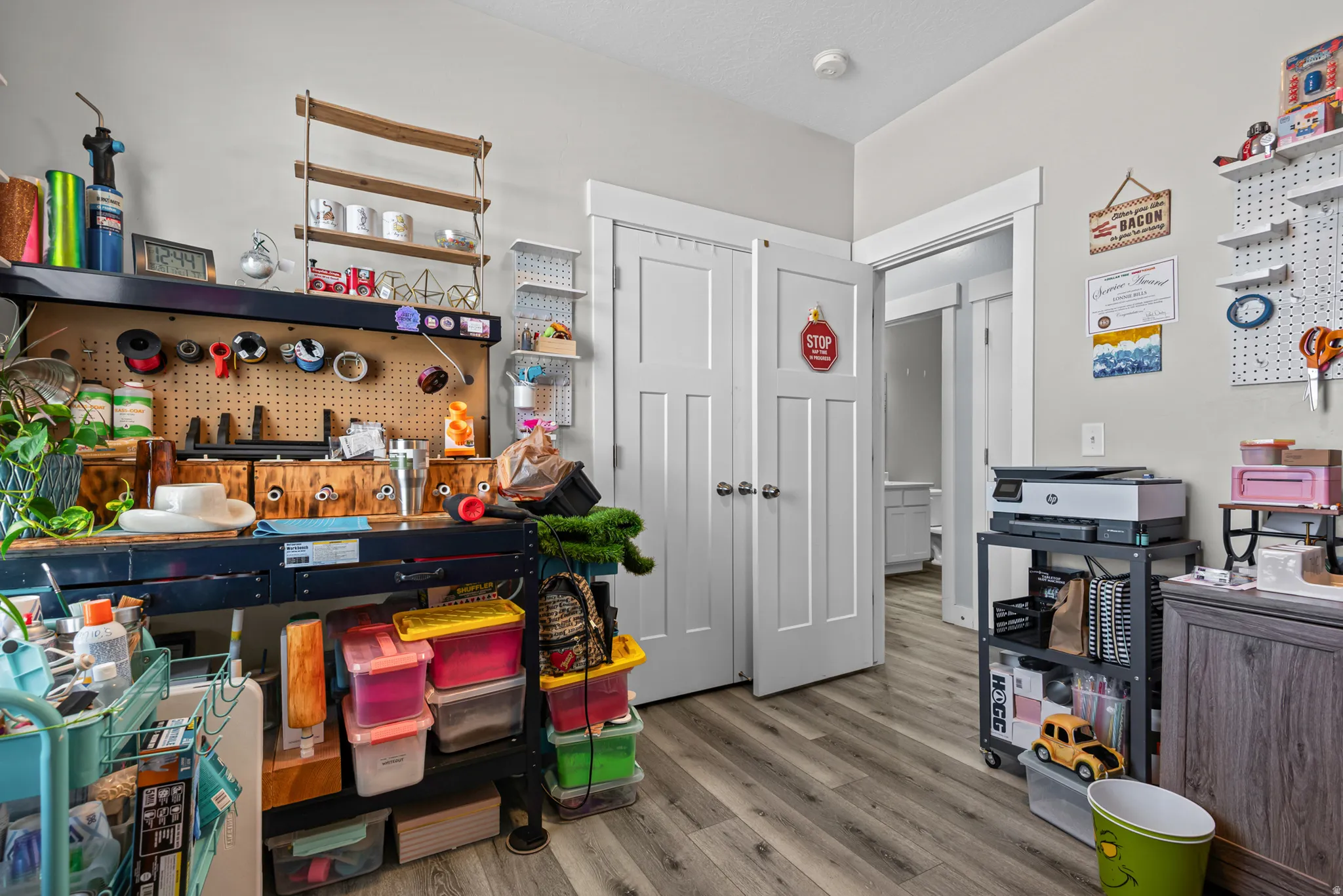 Light gray wall paint, wood-finish flooring, white paneled doors, and a built-in closet