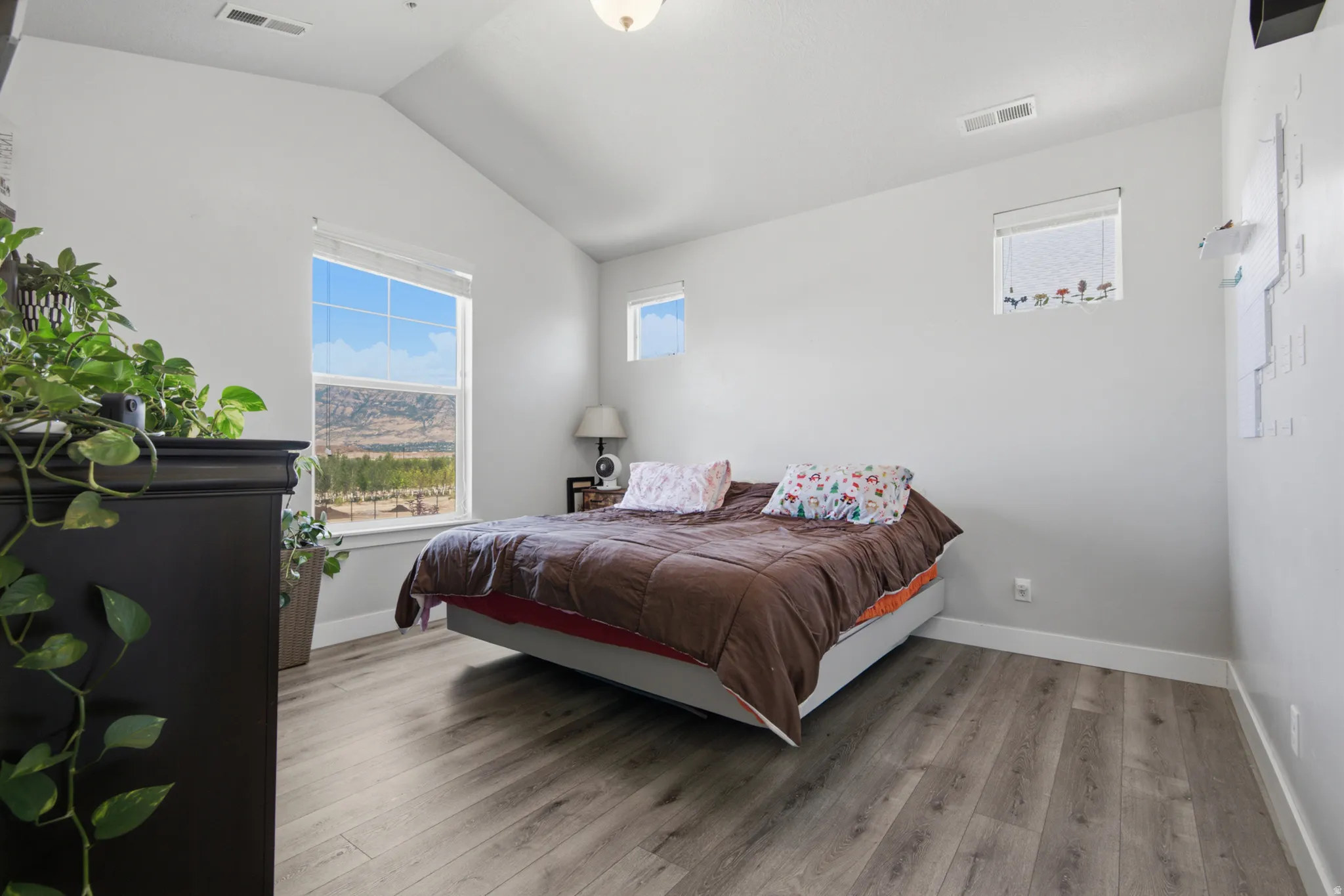 Vaulted ceiling, wood-finish flooring, multiple windows, built-in light fixture, natural scenery