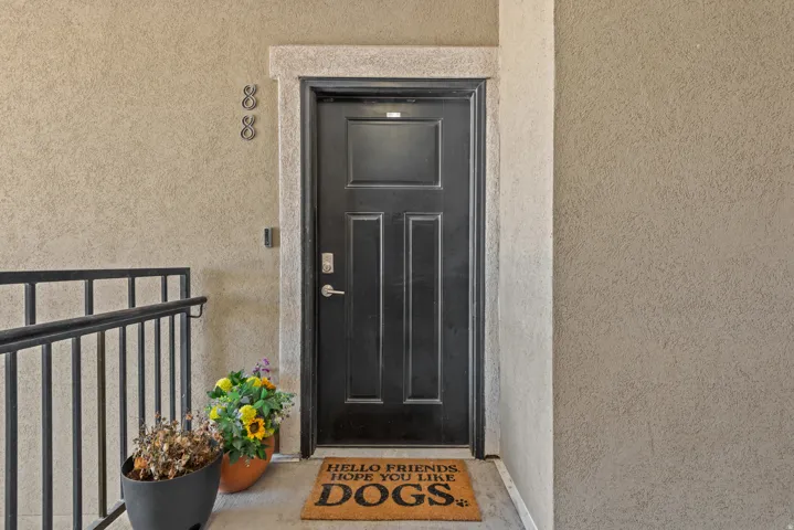 Black paneled entry door with chrome hardware, complemented by a textured stucco exterior and a black metal railing