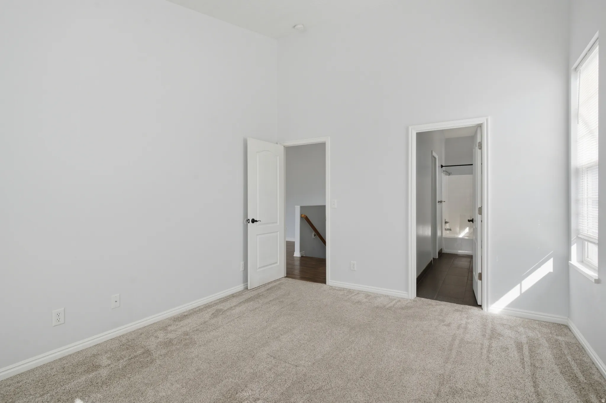 Vaulted ceilings, neutral paint, light-toned carpeting, white trim, and white paneled doors