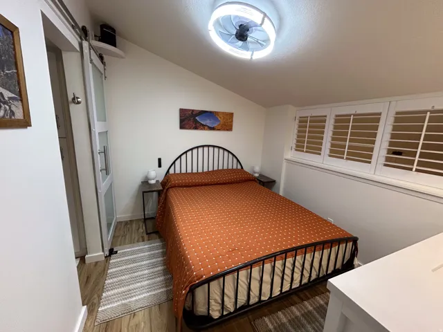 Sliding barn door with frosted glass panels, wood-finish flooring, plantation shutters, and a ceiling-mounted light fixture with fan