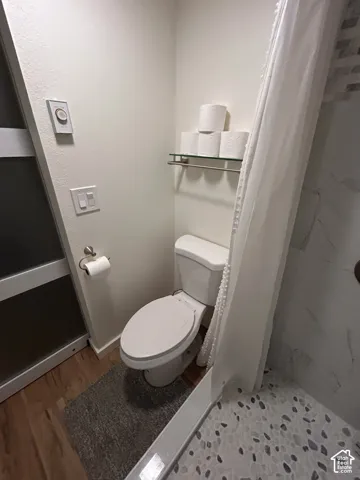 Bathroom featuring wood-finish flooring, a white toilet, and a shower with pebble-style floor tiles and a light-toned wall surround