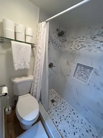Shower with mosaic tile accents, recessed shower niche, and a pebble-style shower floor