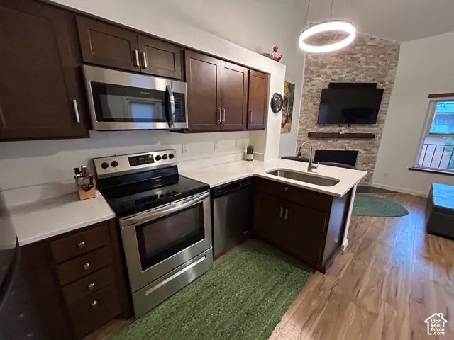 Kitchen featuring dark wood cabinetry, stainless steel appliances, and white countertops