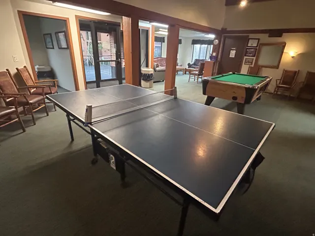Recreation area featuring a table tennis setup, billiard table, and wood-framed entryways