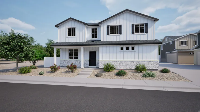 Two-story residence featuring board and batten siding, stone facade accents, a covered porch, and dark-framed windows with decorative shutters