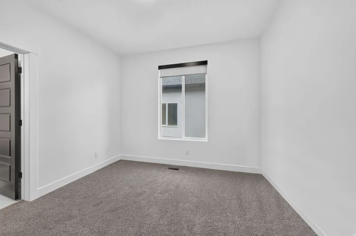 Neutral wall paint, gray carpet flooring, contemporary interior door, and a window with a roller shade