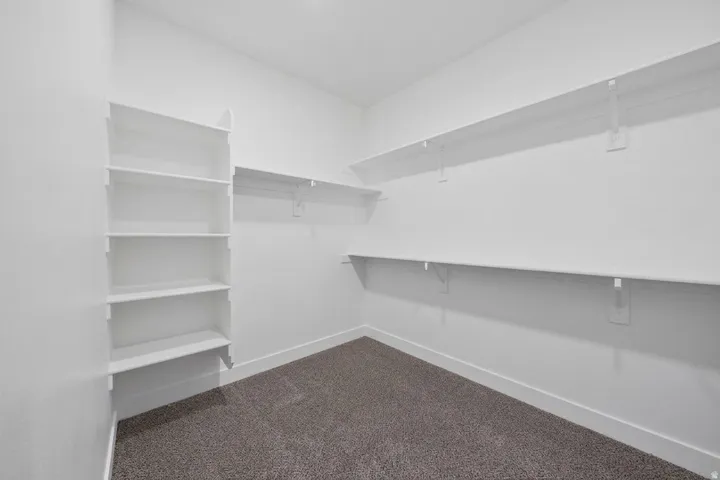 Built-in shelving, white walls, and gray carpeted flooring
