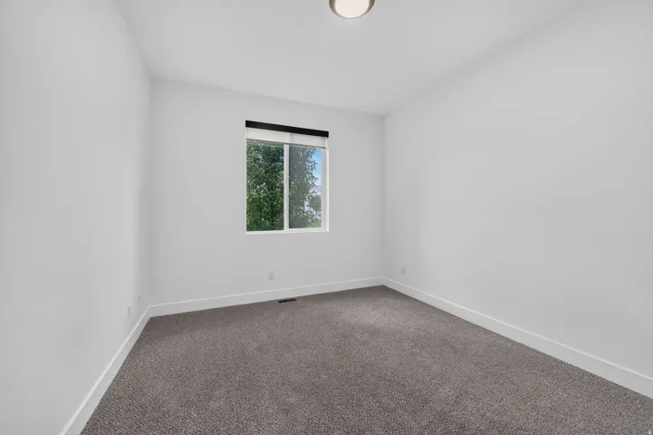 Neutral wall paint, gray carpet flooring, window with roller shade, and ceiling-mounted light fixture