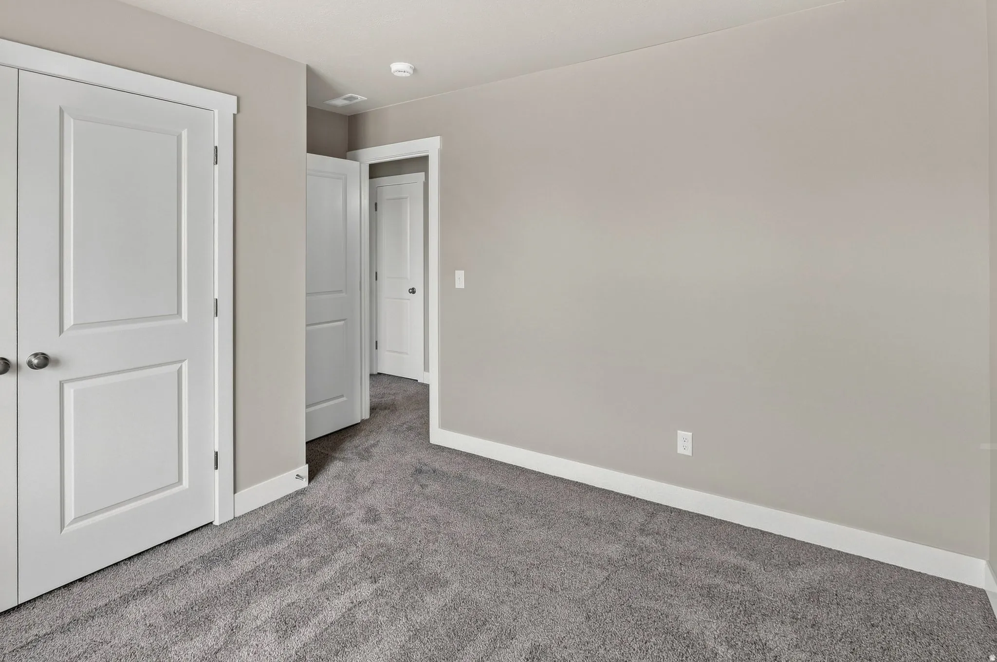 Gray wall-to-wall carpeting with white trim, featuring multiple paneled doors with spherical door hardware