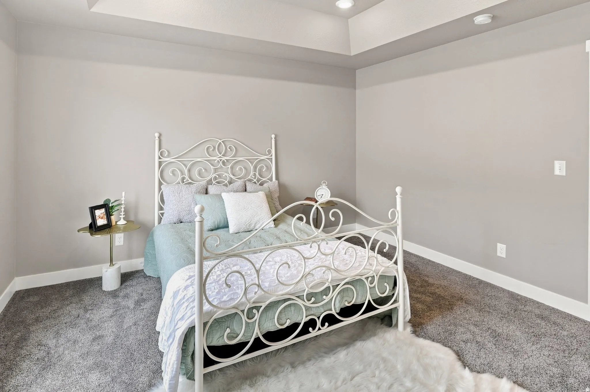 Recessed lighting, tray ceiling, neutral wall tones, white trim, and plush carpeting