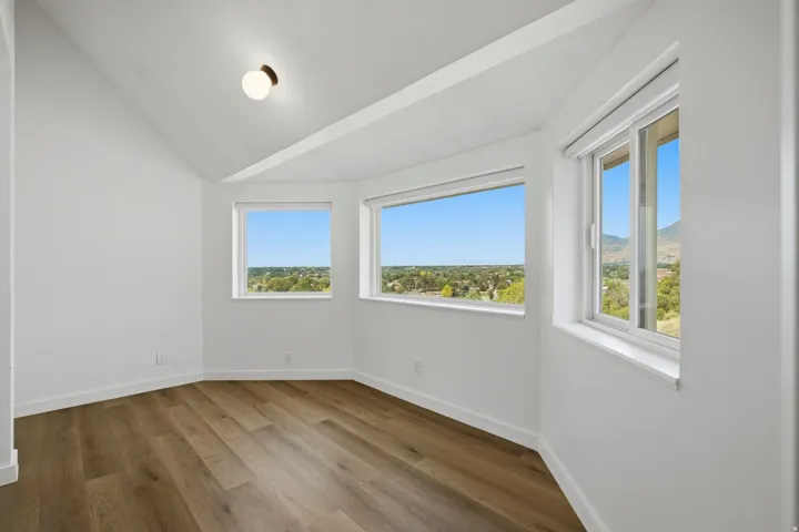 Wood-finish flooring, white walls, multiple windows, and a ceiling-mounted light fixture