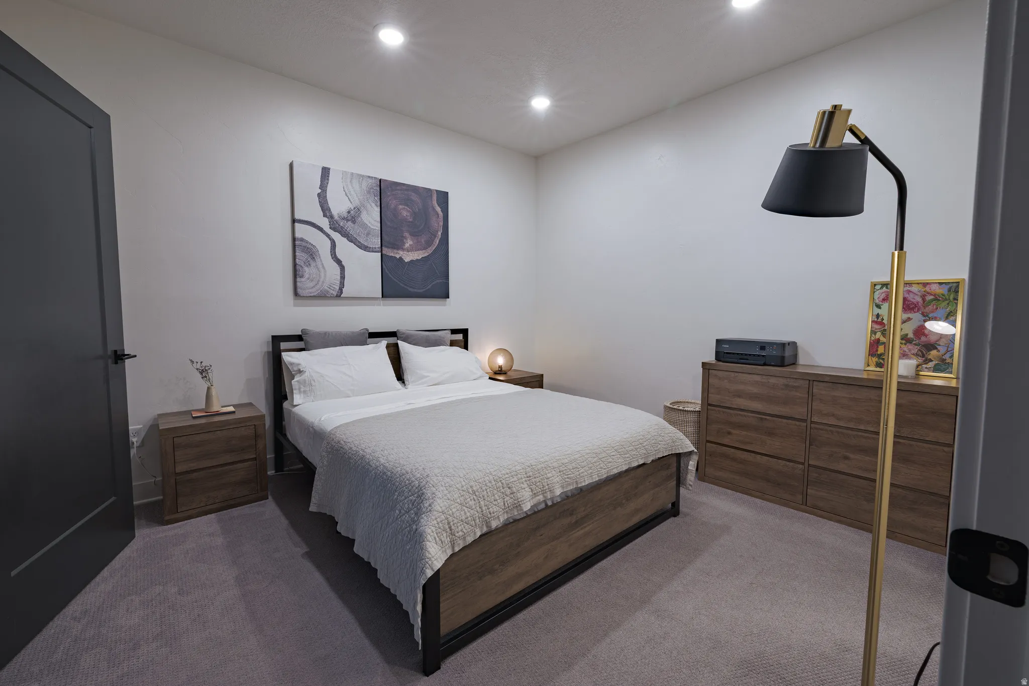 Second Bedroom: Recessed ceiling lighting, dark flat-panel interior door, plush carpeting.