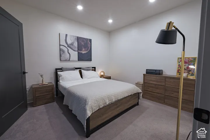 Second Bedroom: Recessed ceiling lighting, dark flat-panel interior door, plush carpeting.