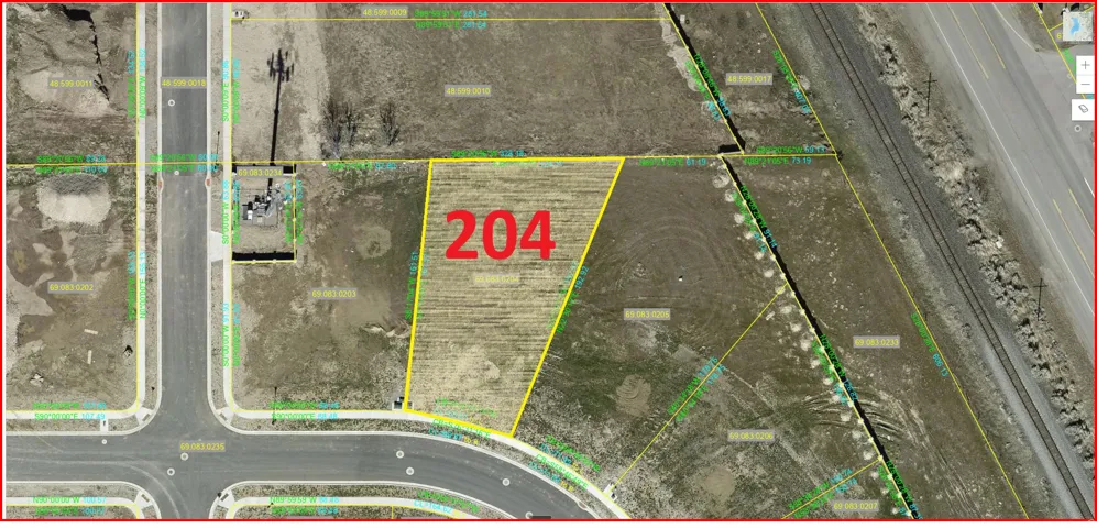 Aerial Map with Lot Identification. Displaying a specific parcel of land, Lot 204, with surrounding infrastructure and boundaries