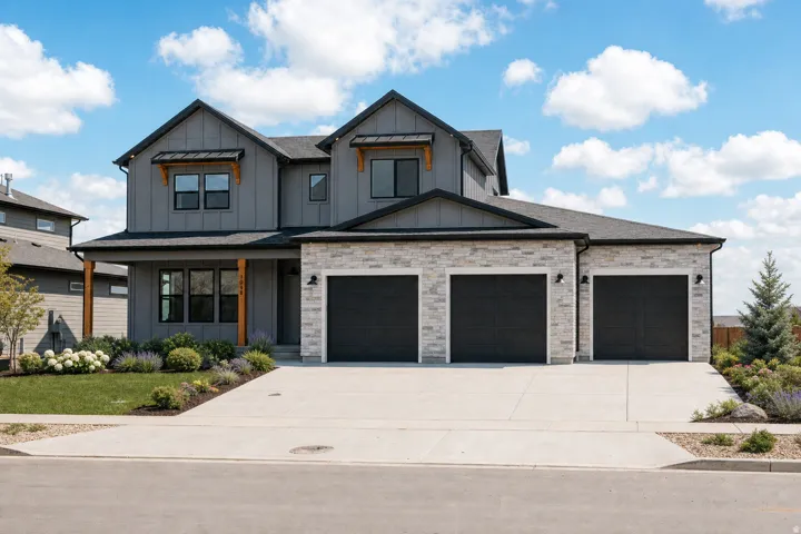 Modern farmhouse exterior with board and batten siding, stone facade, and a three-car garage
